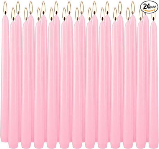 24 Pack Pink Taper Candles, 7-8 Hours Burn Time, Unscented, Smokeless and Dripless, 0.75 x 10 Inch Dinner Candle Set for Household, Wedding, Party and Home Décor Candlesticks
