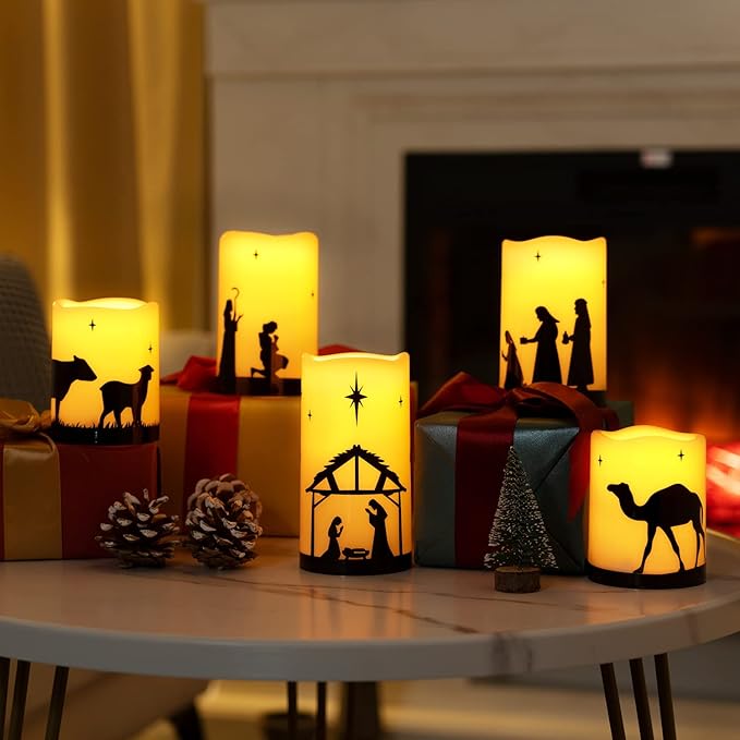 Homemory Flameless Christmas Nativity Scene Candles, Battery Operated LED Pillar Religion Candles, Nativity Sets Indoor Outdoor Decor for Xmas Holiday Home Decor, Remote Timer, Christmas Decor, 5 Pack