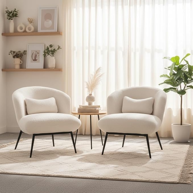 LukeAlon Modern Sherpa Accent Chair Upholstered Single Sofa Chair with Pillow & Black Metal Legs, Comfy Vanity Chair for Living Room, Bedroom, Office, White