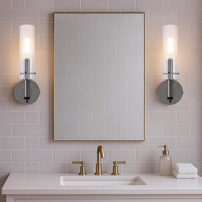 Black Bathroom Vanity Light Fixtures with Striped Clear Glass Shades Modern Wall Sconces Dimmer ON/Off Switch Indoor Wall Light for Mirror Living Room Bedroom Hallway Staircase