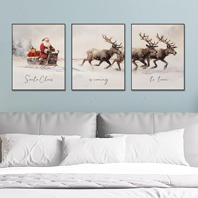 Gallery Set of 3, Christmas Posters, Christmas Santa Claus with a Sleigh Prints, Xmas Wall Art Home Decor, Christmas Wall Art, Christmas Living Room Decorations, 11X14 INCH Ready for Framing