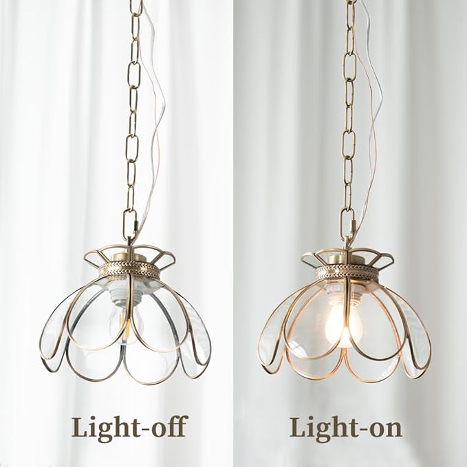 Yifi Glass Pendant Light Fixture, Brass Ceiling Pendant Lighting, Adjustable Chain Gold Mini Chandelier, Elegant Flower Hanging Lamp for Kitchen Island Dining Room Living Room Cafe Shops, Clear