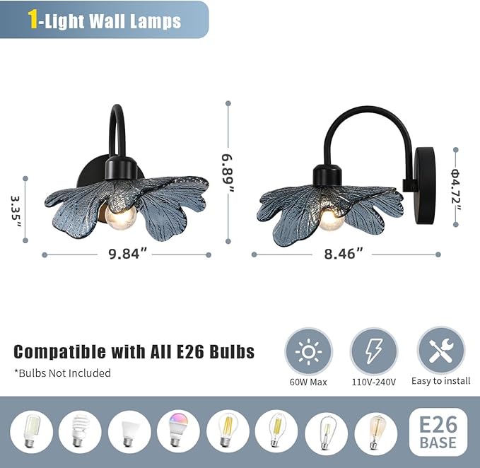 vintage wall sconce matte black bathroom vanity light mid century modern wall sconce Blue Glass Flower wall lamp 1-Light Vanity Light Over Mirror bedroom wall sconces for Bedroom Hallway Living Room