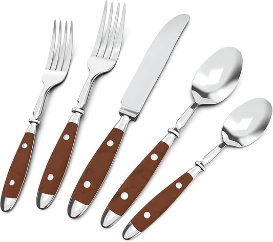 20-Piece Silverware Set Service for 4 with Two Rivets, Vintage Flatware Set, Stainless Steel Cutlery Set with Wood Grain Bakelite Handle,Dishwasher Safe, Light Brown Color