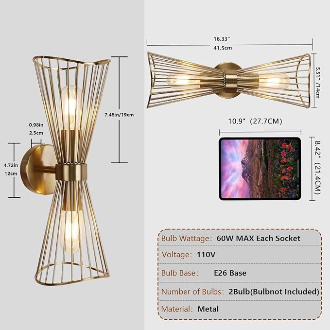 Brass Wall Sconces,Mid Century Wall Sconce,2 Light Bathroom Vanity Light Hardwired Vintage Sconces Wall Lighting Fixtures for Bedroom Living Room Bathroom Hallway E26