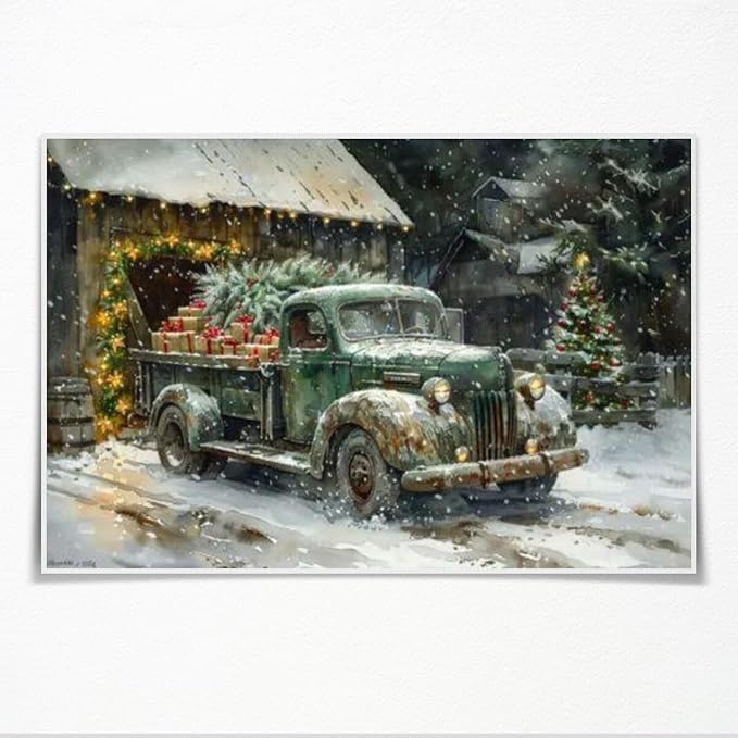Medpol Vintage christmas truck wall art festive holiday decor canvas poster winter christmas gift snowy barn and tree for countryside cottage decor Unframed24x16inch