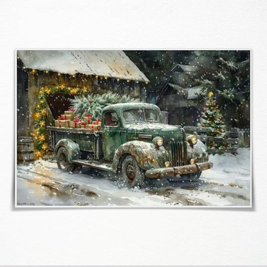 Medpol Vintage christmas truck wall art festive holiday decor canvas poster winter christmas gift snowy barn and tree for countryside cottage decor Unframed24x16inch
