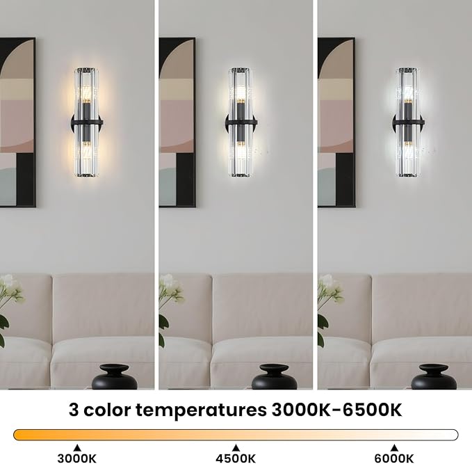 Crystal Wall Sconce Set of Two, 2-Light Black Luxury Indoor Vanity Wall Lamp, 15.7-Inch Upper and lower illuminated Bathroom Light Fixtures, for Living Room, Bedroom, Bathroom, Hallway, Mirror, E26