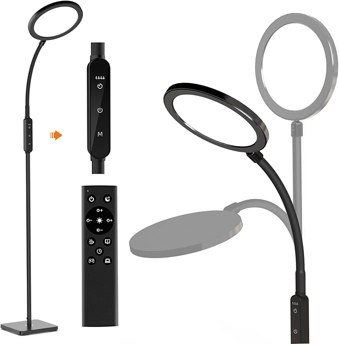 2-in-1 Floor Light Therapy Sun Lamp with Remote – Standing Daylight Lamp with 4 Brightness Levels, 4 Color Temperatures, Timers & Memory, Flexible Gooseneck for Home Office & Reading
