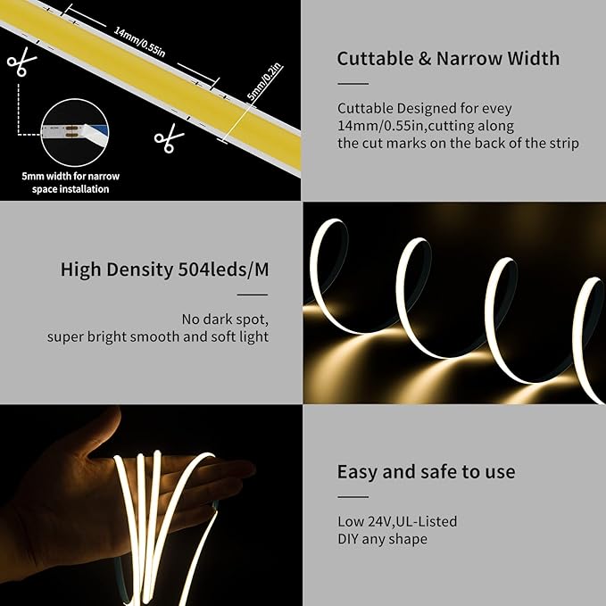 PAUTIX 5mm COB LED Strip Light 16.4ft/5m 2700K Warm White 504 LEDs/m,5000lm CRI90+ Super Bright DC24V Flexible LED Tape for Cabinet Home DIY Lighting Projects(Power Supply Not Included)