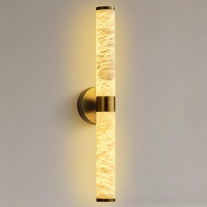 Alabaster Wall Sconce, 24" Natural Spanish Marble Wall Sconce, Modern Gold Alabaster Sconces Wall Lighting, Brass Bathroom Vanity Sconces Wall Lights for Living Room, Bedroom, Hallway, Stairs