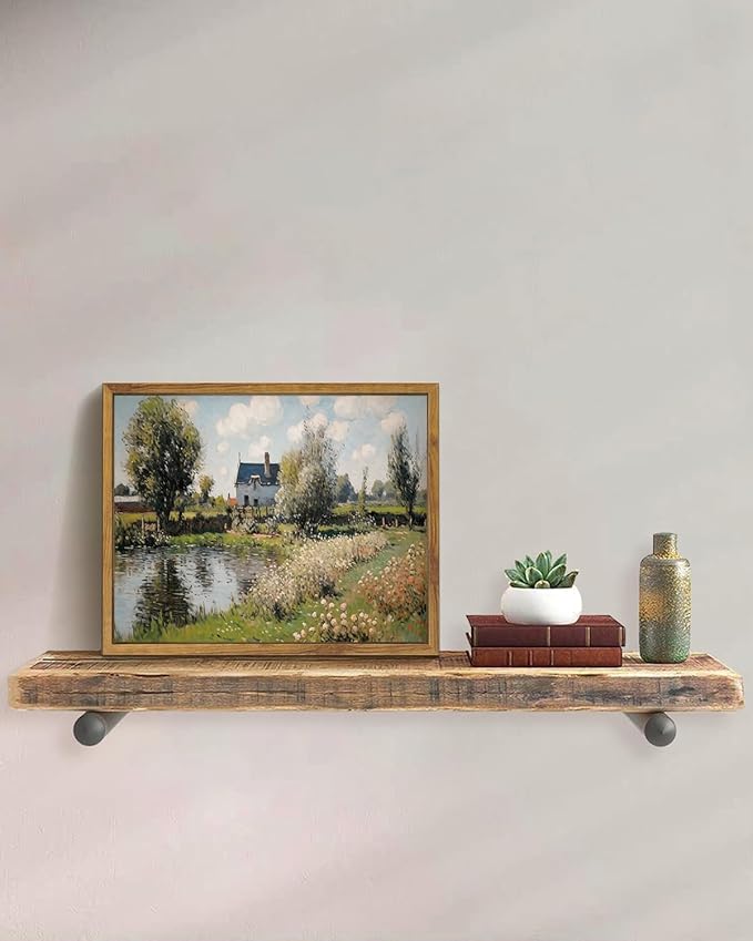 KISSFOX Vintage Landscape Framed Wall Art Impressionist Countryside River House Canvas Art Natural Cottagecore Paintings Artwork Rustic Art Prints For Bedroom Bathroom Living Room
