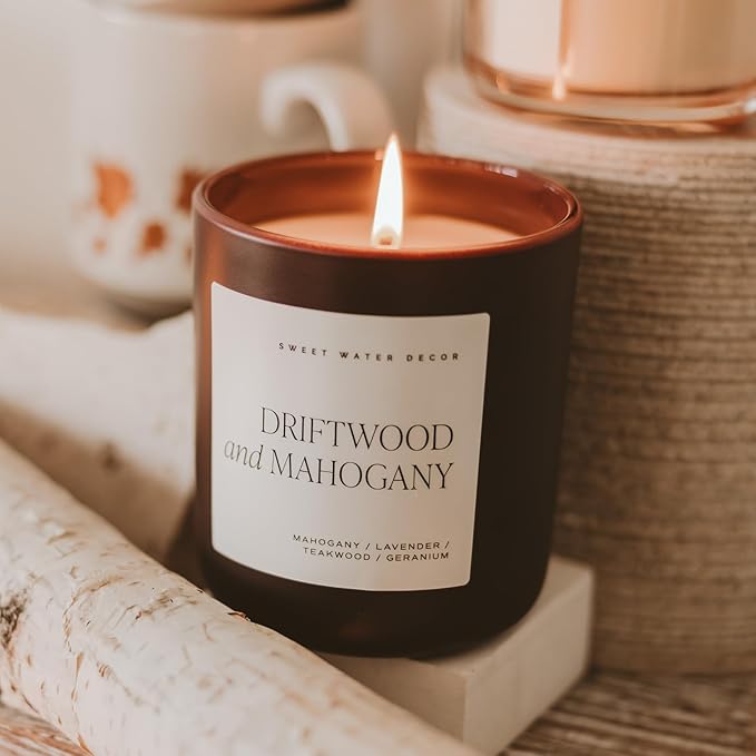 Sweet Water Decor Driftwood & Mahogany Candle, Large 15oz Jar, Non-Toxic Soy Wax Blend Scented with Lavender, Teakwood & Geranium, Masculine Candle for Men or Women, Long-Lasting 70+ Hour Burn