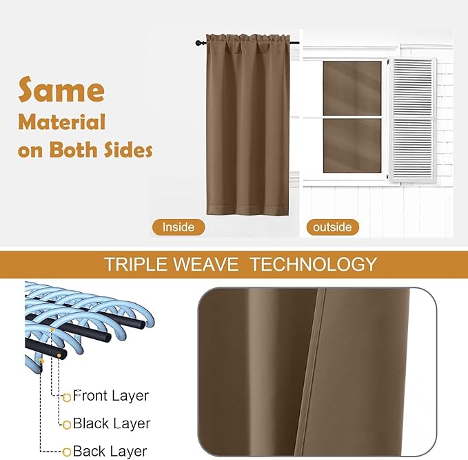 Aiyufeng Brown Short 36 Inches Blackout Curtain 2 Panels Set, Half Window Rod Pocket Privacy Curtain Tiers for Kitchen, Curtains Blackout for Bathroom Shades, W40 x L36 Inch, Brown