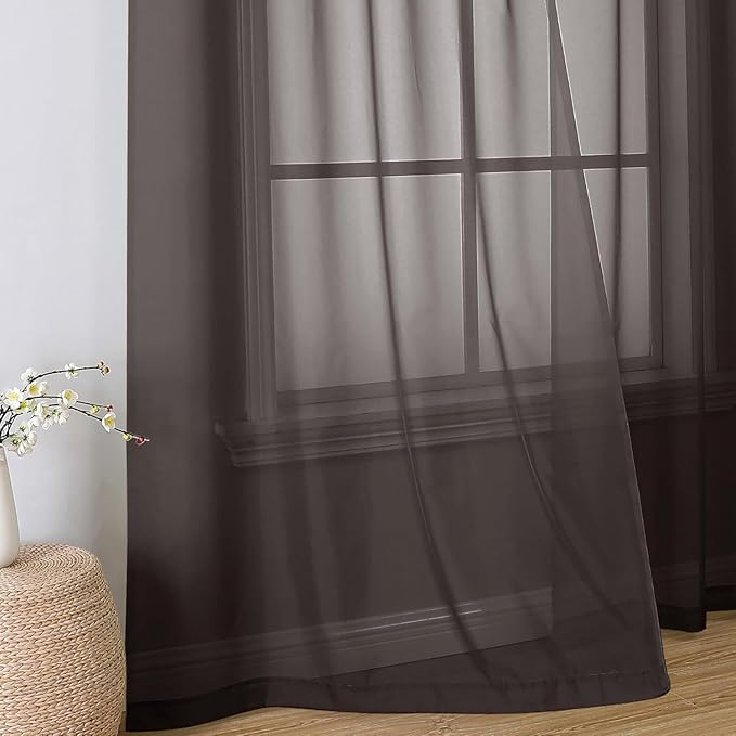 Aiyufeng Chocolate Sheer Curtains 54 Inches Long 2 Panels, Solid Voile Top Dual Rod Pockets Stylish Breathable Drapes Window Treatment for Kid's Room/Bedroom/Living Room, 42W x 54L, Chocolate Brown