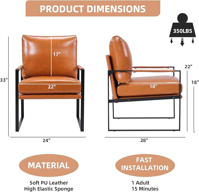 INZOY Mid Century Modern Accent Chair with Removable Cushions Set of 2, Comfy PU Leather Living Room Chairs with Thicker Backrest and Cushion, Metal Frame Design, Brown