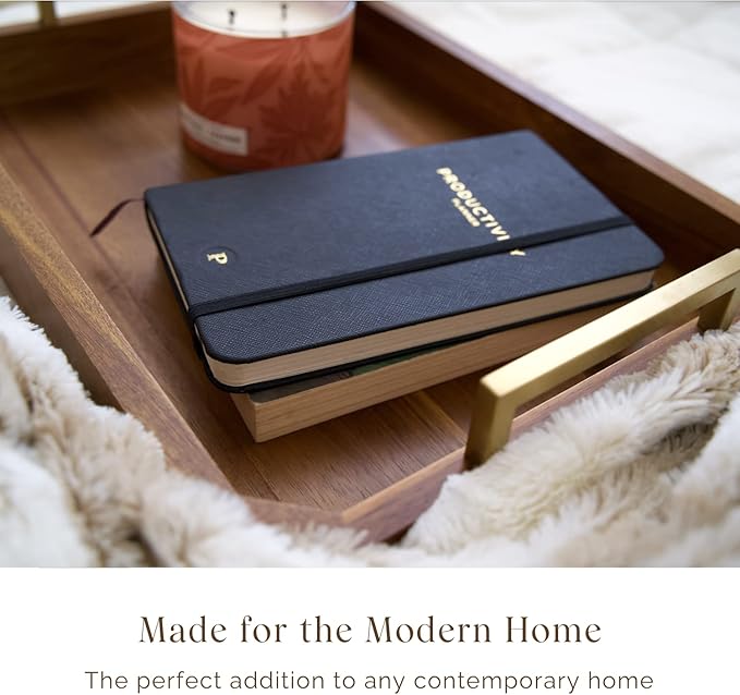 Decorative Acacia Wood Ottoman Tray - Coffee Table Tray - Breakfast, Party, Drinks, Snack, Liquor Serving Platter - Farmhouse to Modern - Brass Handles (Varnish)