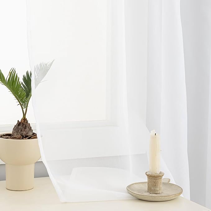 White Sheer Curtains 63 Inches Long 2 Panels, Rod Pocket Short Curtain for Kitchen, Bedroom, Cafe Window(White 38" W x 63" L)