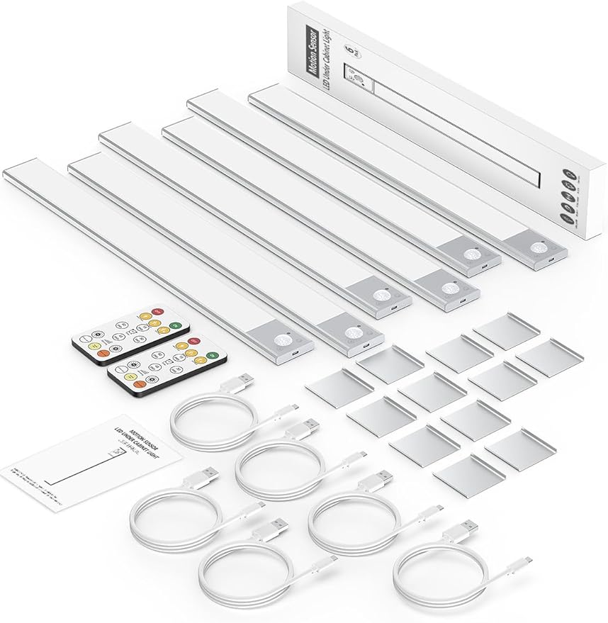 16" Ultra-Thin Under Cabinet Lighting Wireless, Aluminum Alloy Under Counter Lights for Kitchen, 3-Color-Temps Magnetic Closet Lights, Rechargeable Motion Sensor Light Indoor (6 Pack, Silver)