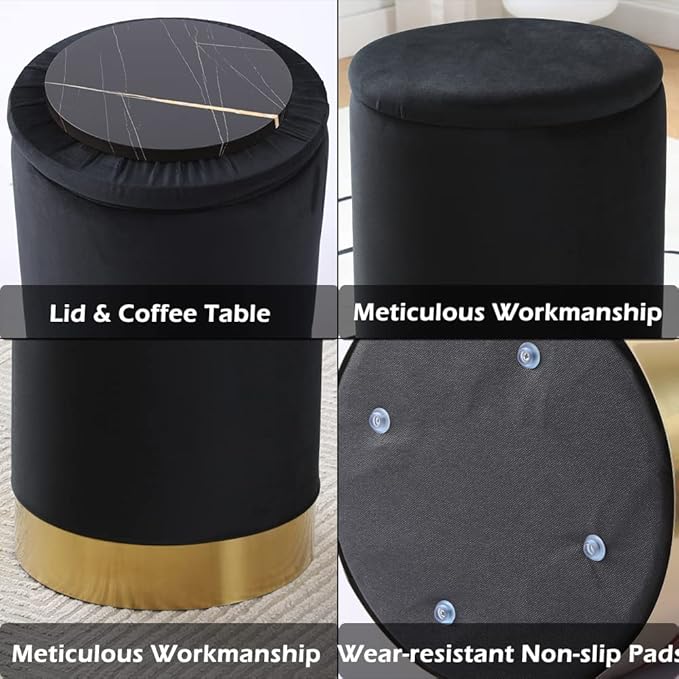 Mxfurhawa Velvet Storage Ottoman Multipurpose Footrest Stool with Metal Base Modern Round Vanity Stool Chair Ottoman Foot Stools Support 300 lbs Padded Seat for Living Room (Black (Velvet))
