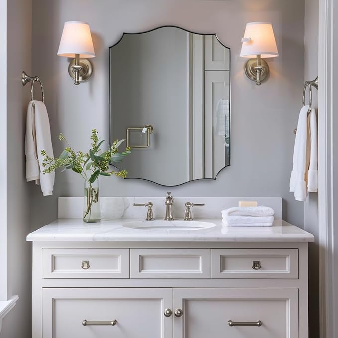 ANDY STAR Chrome Bathroom Mirror for Wall, 24x32 Inch Polished Chrome Mirror, Bathroom Mirror for Over Sink, Irregular Wall Mirror in Thin Stainless Steel Frame Deep 1’’, Wave Inspired Style