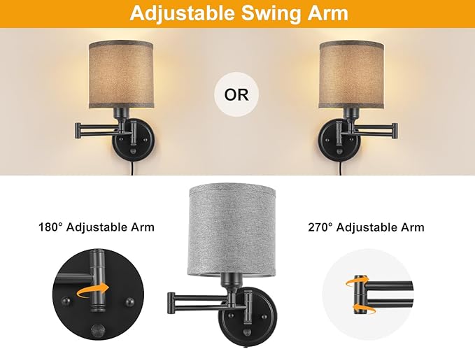 Plug in Wall Sconces with Remote Control, Dimming 10%-100% & Adjustable Colors 2700K-6500K, Hardwire or Plug-in, Swing Arm Wall Lamp with Gray Fabric Shade, Wall Sconces Set of Two, Black Finish