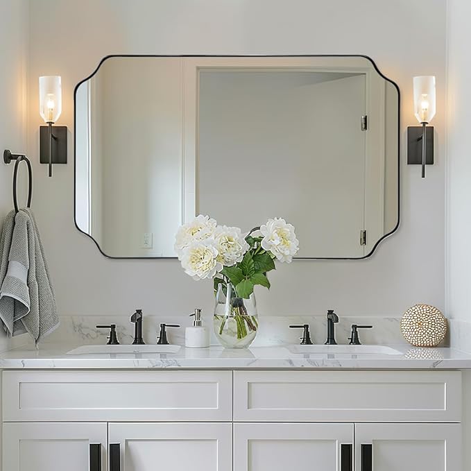 ANDY STAR 30x48 Inch Large Mirror, Matte Black Rectangle Mirror for Wall, Bathroom Mirror in Premium Stainless Steel Metal Thin Frame Deep 1’’, Unique Scalloped Edge, Hangs Vertically/Horizontally