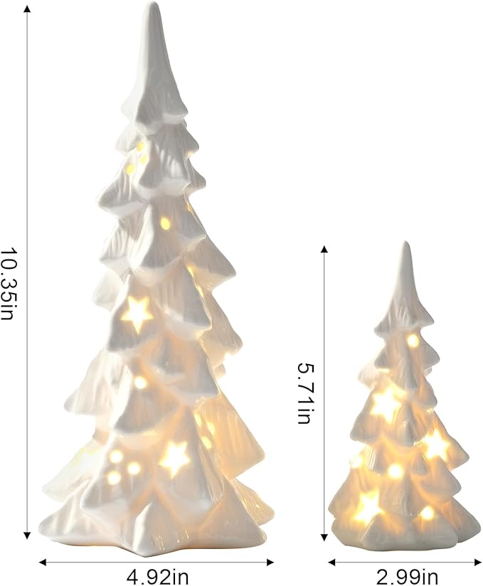 DN DECONATION White Ceramic Christmas Trees that Light Up, 2Pcs Porcelain Christmas Tree with Lights, Stars and Dots Cutout Prelit Tabletop Xmas Tree Figurines for Mantle Neutral Christmas Decor, Gift