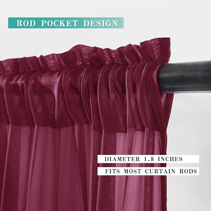 MIULEE Short Sheer Curtains 30 Inch Length for Kitchen Bathroom Cafe Half Window Treatment, Rod Pocket Tier Curtains 2 Panels, 29x30 Inches Long, Maroon Red