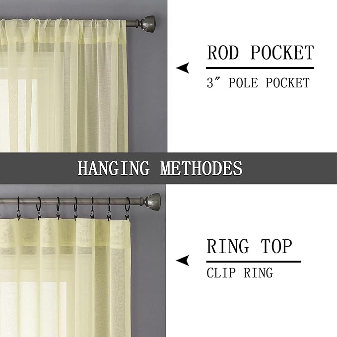 Tollpiz Sheer Tier Curtain Linen Textured Half Kitchen Curtains Sheer Light Filtering Rod Pocket Voile Small Curtains for Bathroom, 25 x 36 inches Long, Transparent Yellow, Set of 2 Panels