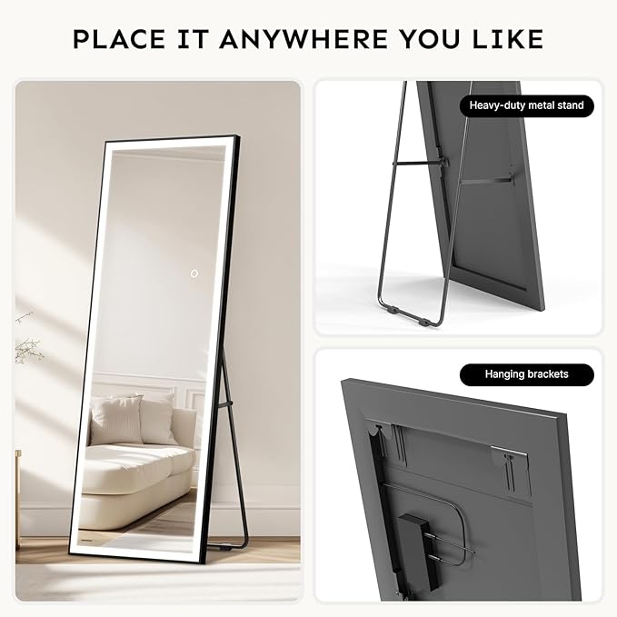 Kosmonia 66x24 Full Length Mirror, Dimmable 3 Color LED Light w/Light Memory, Distortion Free Silver Coating Mirror, HD Reflection &Anti Desilvering,Tempered Glass &Shatter Proof Film Doubles Safety