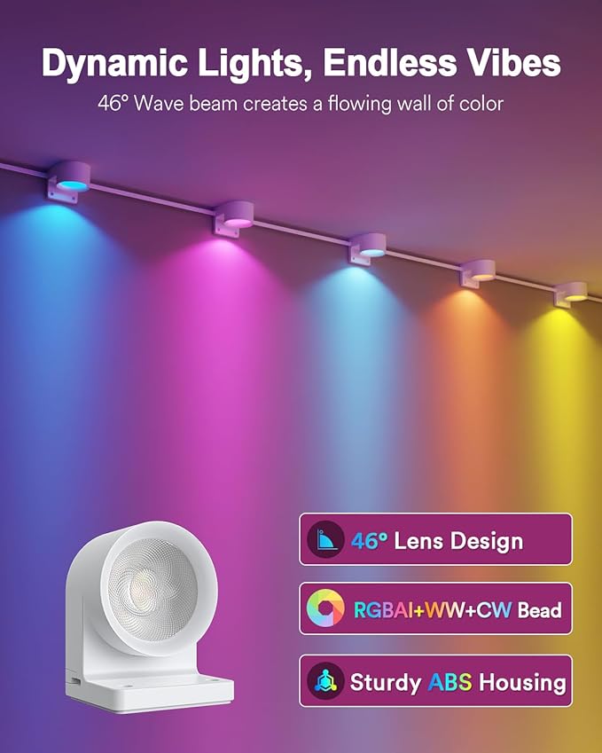 Smart String Downlights with 15 RGBAI+WW+CW LEDs Across 10ft, Feature 46° Dynamic Wave-Like Lighting, App/Voice/Remote Control—Wall String Lights for Bedroom, Indoor Eaves & Wall Decor