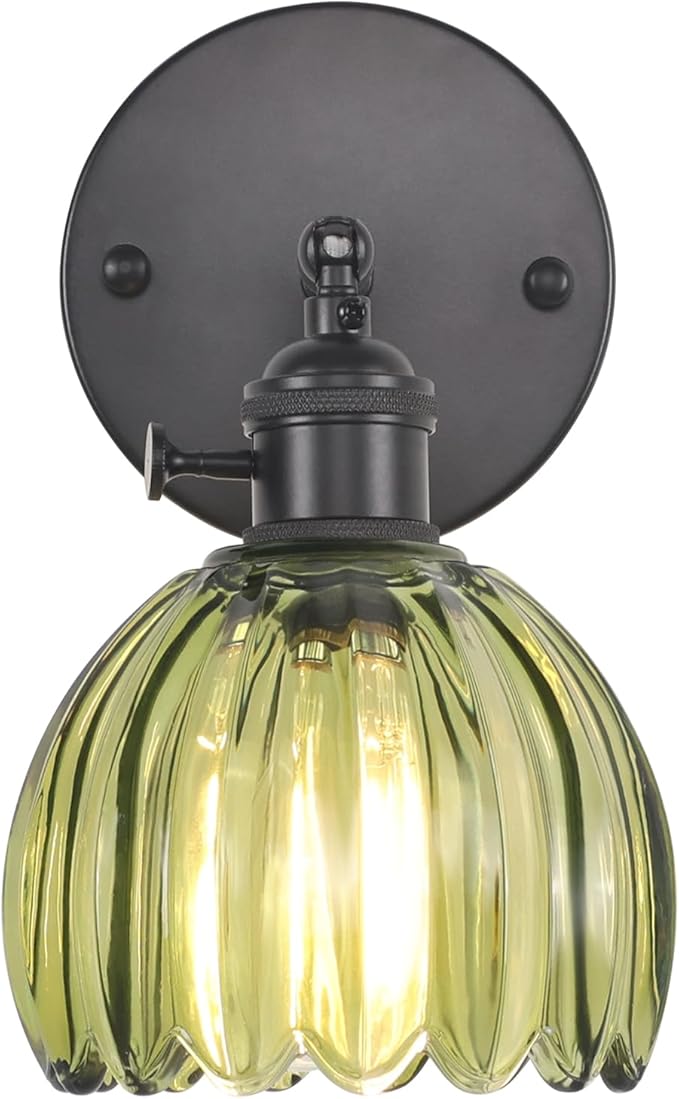 Vintage Wall Sconce with Cute Green Tulip Glass Lampshade 180 Degree Adjustable Black Sconce Hradwired Modern Wall Lighting Fixture with Switch for Bedside Bedroom Doorway