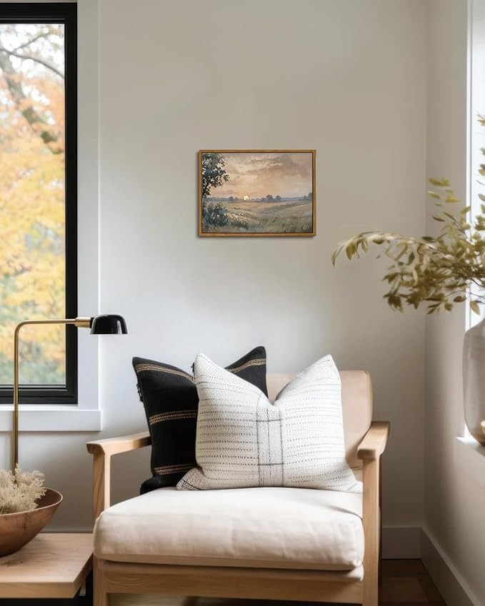 KISSFOX Vintage Framed Wall Art Sunset Landscape Canvas Wall Art Neutral Farmhouse Serene Countryside Paintings Artwork Rustic Art Prints For Bedroom Living Room