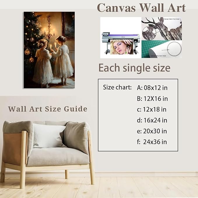 Vintage christmas wall art christmas tree wishing girl canvas poster winter room holiday decoration for farmhouse cabin living room bedroom Framed12x18inch
