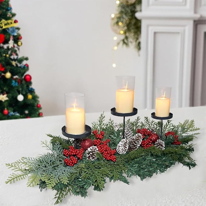 27.6" Christmas Table Centerpiece with Lighs Christmas Candle Holders with 3 Trays Red Berries Balls Pine Cones Christmas Pine Garland Lights Decoration for Centerpiece Table Mantel Holiday Home Decor