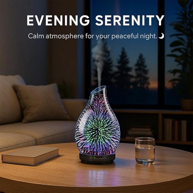 120ML Essential Oil Diffuser, 3D Glass Aromatherapy Diffuser with Auto Shut-Off and 7 Color LED Lights, Ultrasonic Mist Humidifier with 4 Timer for Home Office Bedroom (3D Fireworks)