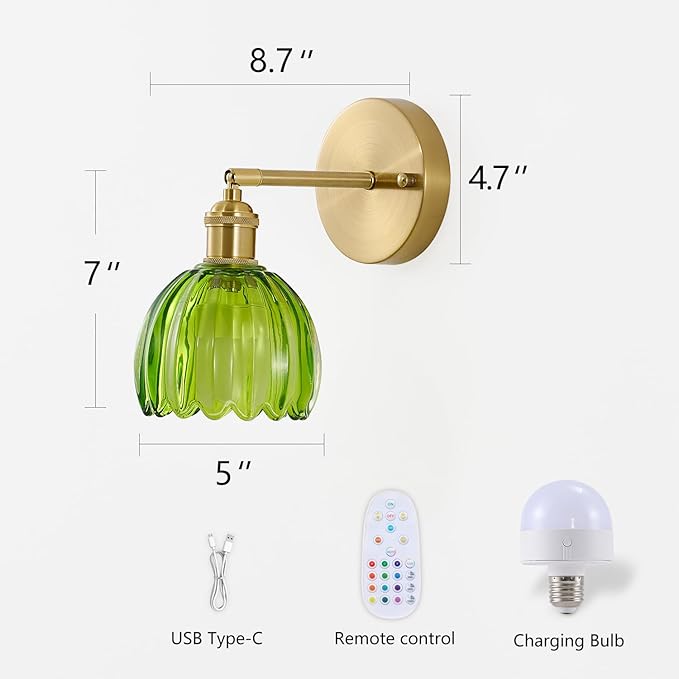 Vintage Battery Operated Wall Sconce 1 Pack, Green Tulip Glass Shade Gold Wall Lamp with 12 Inch Cable Switch, Modern Bathroom Wall Sconces for Bedroom Corner Hallway