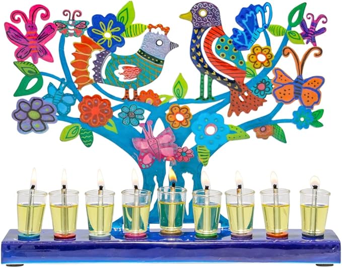 Yair Emanuel Menorah for Hanukkah | Colorful Hand Painted Design | Judaica Gift (Birds & Butterflies (HAY-1))