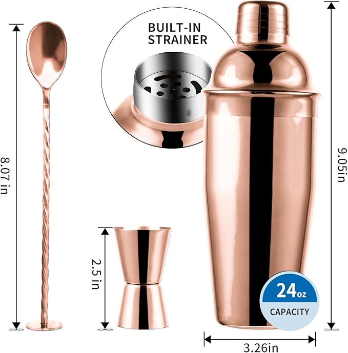 24oz Cocktail Shaker Bar Set, Martini Shaker with Built-In Strainer, Measuring Jigger, Mixing Spoon, Professional Stainless Steel Large Bartender Drink Shaker Margarita alcohol Mixer-Rose Gold