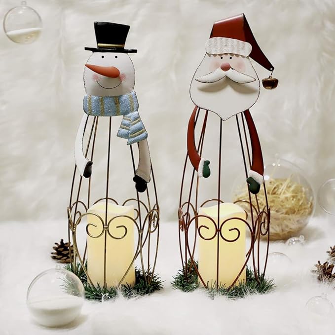 MorTime 2 Pack Christmas Candle Lantern with LED Lights, Metal Lighted Santa Claus Lanterns for Christmas Holiday Home Decorations