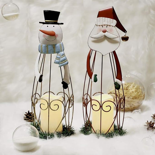 MorTime 2 Pack Christmas Candle Lantern with LED Lights, Metal Lighted Santa Claus Lanterns for Christmas Holiday Home Decorations