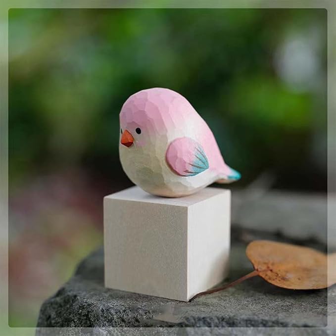 Bird Figurines Small Bird Figurines Home Decor Hand Carved Painted Wooden Statues for Home Decor, Gift for Bird Lovers,Housewarming, Birthday, Christmas (Pink)