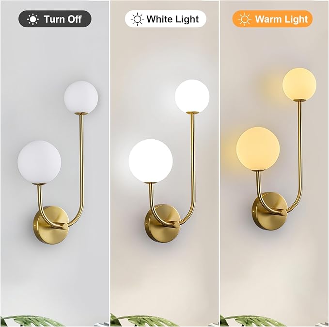 Milk Glass Wall Sconce Gold Wall Sconces Mid Century Modern Sconces Wall Lighting 2 Light Globe Sconce for Bedroom Living Room Hallway Wall Light Fixtures