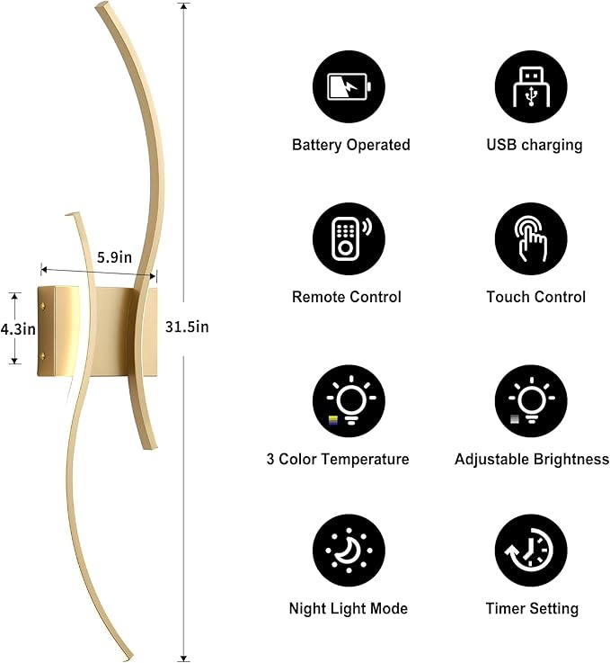 Battery Operated Wall Sconces Set of Two with Remote Control, Stepless Colors 3000K-6000K & Dimming, LED Brass Wireless Wall Light for Living Room, Hallway, Bedroom, 31.5 Inch (2 Pack)