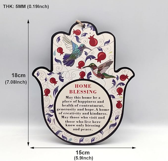ArancioneandQ (English Blessing) 7.1 Inch Hamsa Good Luck Home Blessing Red Pomegranates and birds Protection Amulet Hand Wall Hanging Decor Evil Eye Protection gifts for home