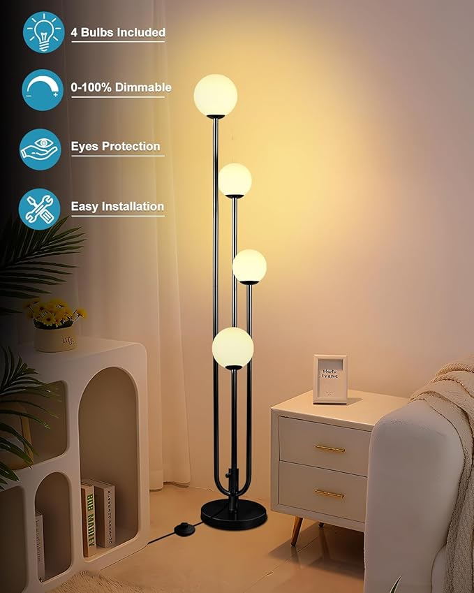 Lightdot Black Globe Floor Lamp 4-Lights Dimmable Floor Lamps with Tray 3000K Bulbs Included Unique Candle Standing Lamp for Living Room/Bedroom