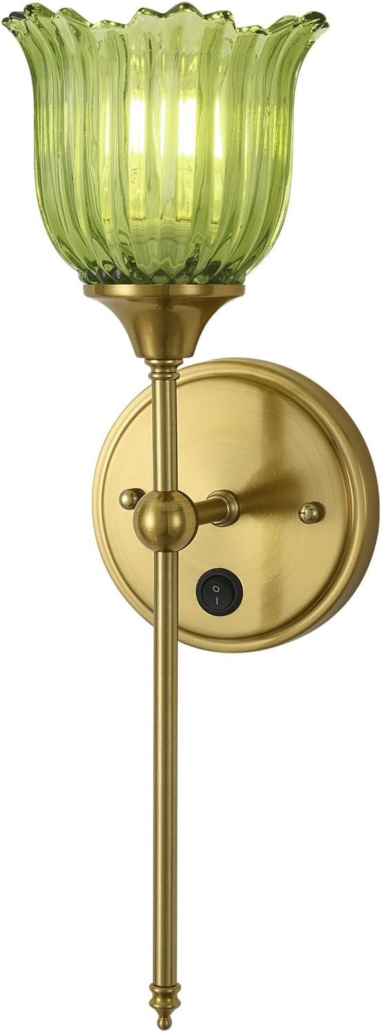 Modern Wall Sconces with Green Flower Glass Shade 1 Pack, Mid Century Bathroom Vanity Wall Light Fixtures Gold Vintage Wall Lights with Switch for Mirror Bedroom Living Room