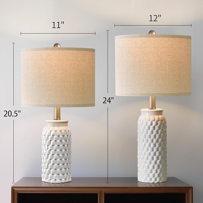 24" Modern Ceramic White Bedside Lamp Set of 2 Table Lamp for Bedroom Decor Farmhouse Table Lamp for Living Room Office Dorm