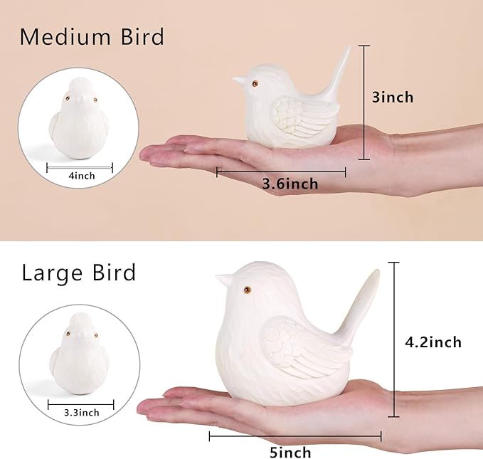 Resin Bird Statues Home Decor - Brids Figurines Decorative for Living Room, Office Desktop, Dedroom, Cute Country Decor for TV Stand (White, 1B & 1S)